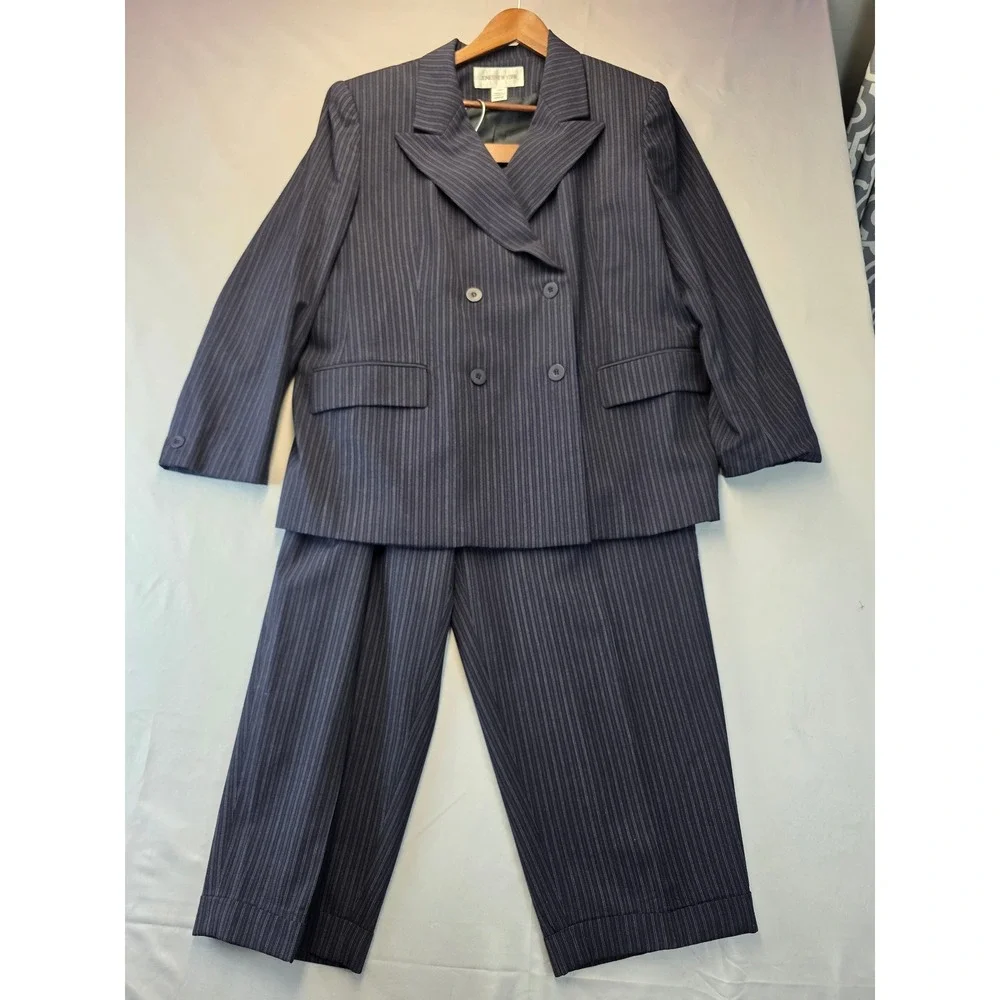 Jones New York Pinstripe Worsted Wool Suit Set Navy Blazer 18W Pants 16W USA